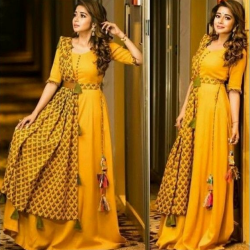 Tina Datta Yellow Stylish Haldi Gown with Chanderi Dupatta
